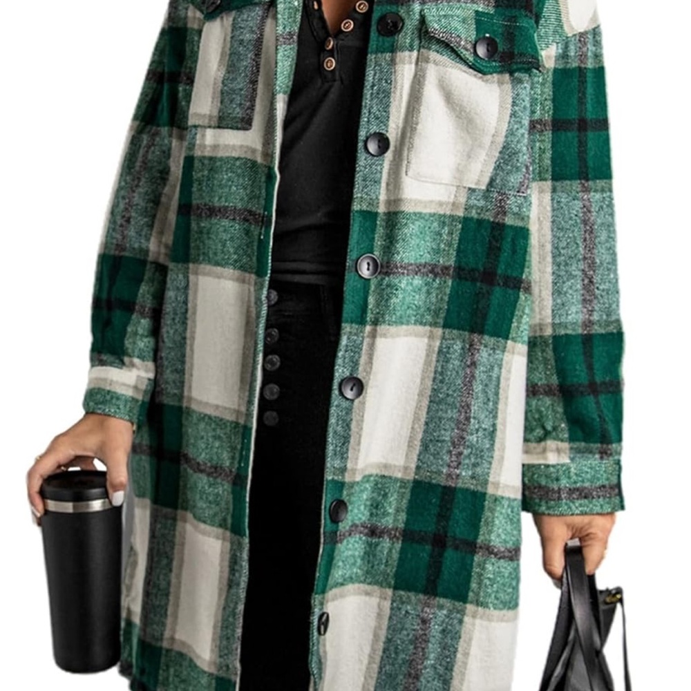 NWT Plaid Longline Coat in Green and White